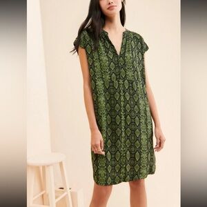 Anthropologie Rachel Sleeveless Snake Print V-Neck Green Pocket Tunic Dress S